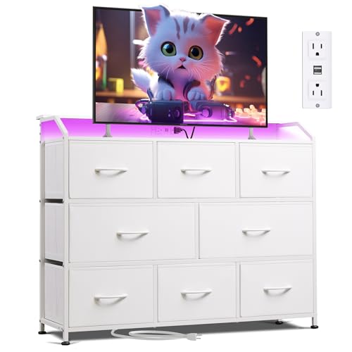 WLIVE Led Dresser for Bedroom, White Dresser TV Stand for Bedroom with LED Lights and Power Outlet, Wide Chest of Drawers for Hallway, 8 Fabric Drawers for Living Room and Entryway, Easy to Assemble - color: White, style: 8 Drawers with LED
