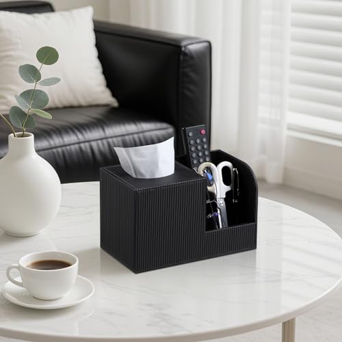Square Tissue Box Cover with 2 Compartments Storage Organizer, PU Leather Tissue Box Holder with Remote Control Holder for Livingroom Nightstand, Multifunctional Cube Tissue Holder (Black) - color: Black