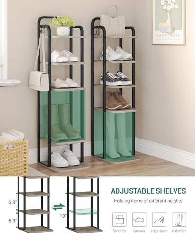 Hzuaneri 6 Tiers Vertical Shoe Rack, Narrow Shoe Tower, Tall Shoes Shelf with 2 Hooks, Adjustable Shelves, Corner Shoes Shelves for Small Spaces, Entryway, Living Room, Greige, SR04205B - color: Greige and Black, size: 6 Tier(11.8"D x 10.4"W x 39.8"H)