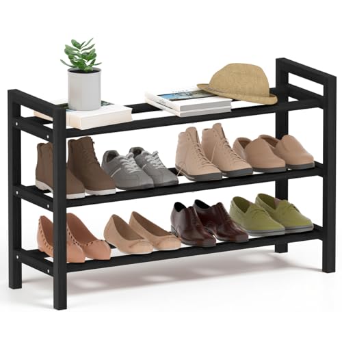 Haddockway Bamboo Shoe Rack for Closet, Free Standing Shoe Organizer with Smooth Round Rods & Convenient Handles, Stackable Shoe Storage Shelf for Entryway, Hallway(Black, 3-Tier) - color: Black, size: 3-Tier_Standard
