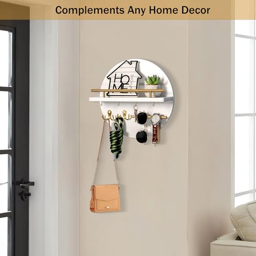 Key Holder for Wall Decorative with Shelf and Hooks, Mail Organizer Wall Mount with Sunglasses Holder, Circular Design Entryway Key Rack Hanger, Rustic Home Decor Boho Wall Decor (White) - color: White