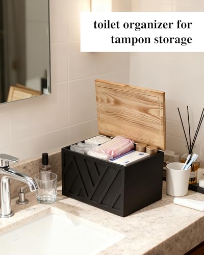 Tampon Holder for Bathroom Decor Feminine Product Organizer With Lid Shark Week Box Wooden Pad Girl Stuff Box (BLACK, lid) (1, BLACK) - color: Black