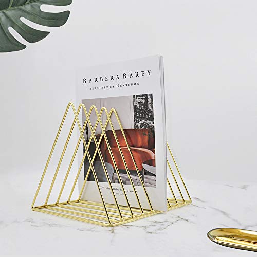 EASEPRES Gold File Holder Organizer, Triangle Record Album Holder Magazine Wire Rack, 9 Slot Multifunction Desktop Storage Decor for Home Office - color: Gold