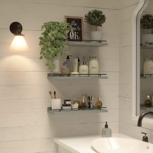 WOPITUES Floating Shelves with Black Metal Guardrail, Shelves for Wall Decor Set of 3, Wall Shelves for Bedroom, Bathroom, Kitchen, Living Room, Plants, Picture Frames, Art- Grey - color: Grey, size: 15.7 inch