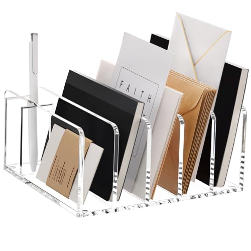 SANRUI Acrylic Mail Organizer, 5 Compartments File Holder for Desk, Letter Sorter with Pen Holder, Clear Countertop Document Sorter for Notebooks, Bills & Eyeshadow Palettes - style: 5 Sections with Pen Holder