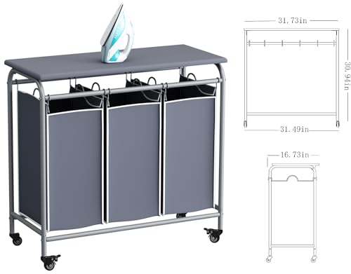 LINZINAR 3 Bag Laundry Basket Sorter Heavy Duty Rolling Lockable Wheels Laundry Hamper Cart with Ironing Board and Removable Bags, Grey - size: 3 Bags Grey with Board