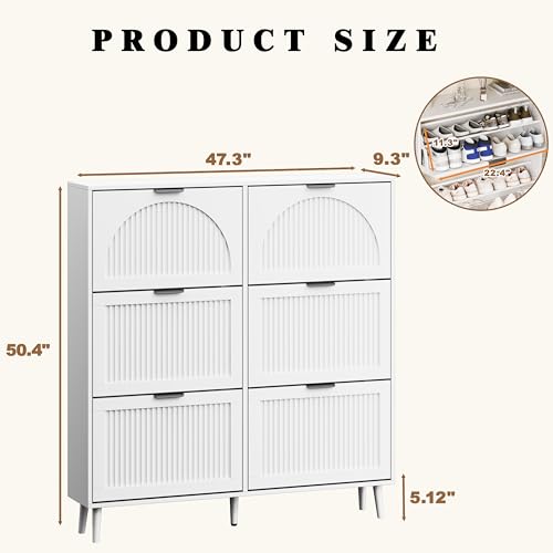 Shoe Storage Cabinet with 6 Flip Drawers, Narrow Wood Shoe Organizer Cabinet with Fluted Panel, Slim Shoe Rack for Entryway, Freestanding Shoe Cabinet for Living Room, Hallway, White - color: White, size: 6-Drawers