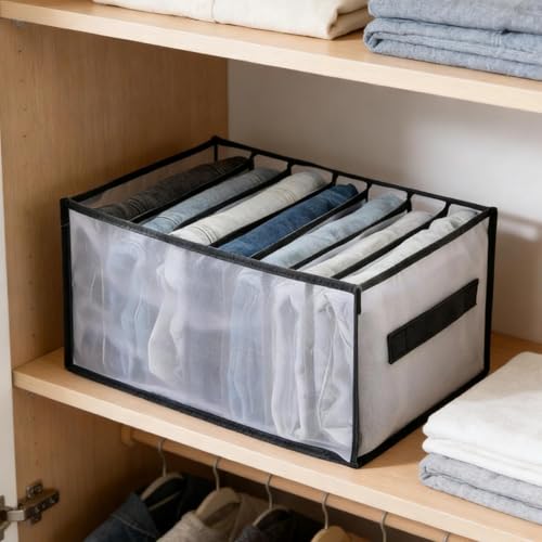 Clothing Storage Box 7-Compartment Fabric Storage Bin, Portable Closet Organizer for Home, Foldable Box with Dividers Travel for Clothes - color: Black