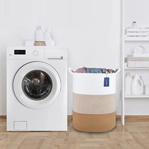 COMSE Extra Large Blanket Basket, Tall Woven Storage Basket, Nursery Hamper, 15.7”x 21.7”, Cotton Rope Laundry Hamper for Toys Clothes Towels, White/Camel - color: White & Camel Mix