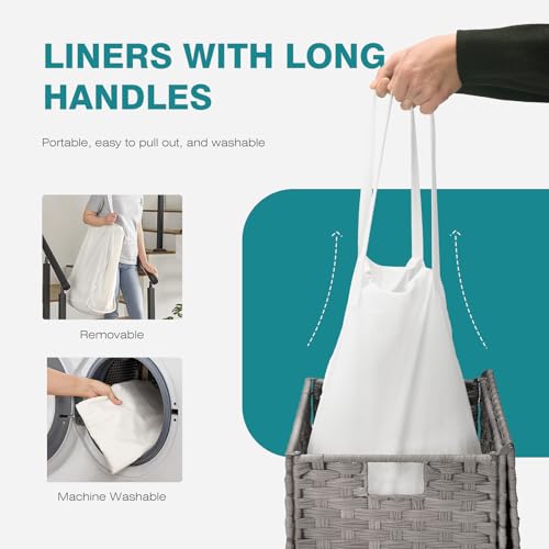 DUMOS Wicker Laundry Basket with Lid, 110L Woven Laundry Hamper with Handles, Foldable Rattan Clothes Hamper with Removable Liner & Sturdy Steel Frame, Dove Gray - color: Dove Gray, size: 110L