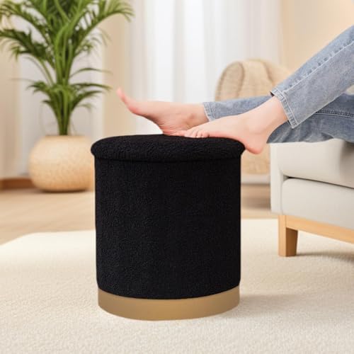 15" Round Storage Ottoman,Boucle Foot Rest/Seating/Storage for Small Space-Living Room/Bedroom/Dorm-Black - color: Black