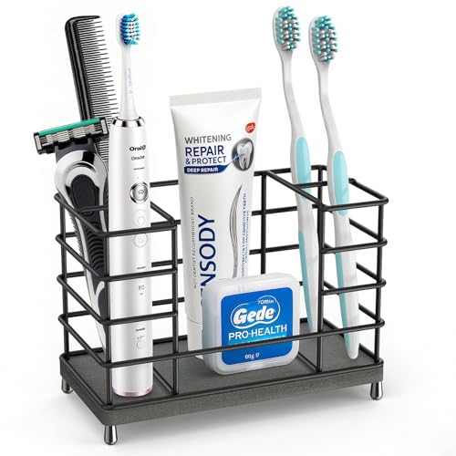 Toothbrush Holder with Quick Drying Mat—Toothbrush and Toothpaste Holders for Bathrooms—5 Slots Openwork Design Black Toothbrush Holder Set,Bathroom Counter Organizer for Electric Toothbrush - size: Large