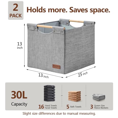 KAKAMAY Collapsible Cube Storage Bins 15x13x13 Inches Grey 2-Pack, Foldable Storage Organizer Wooden Handles Fabric Baskets for Living Room Shelves, Bedroom Nursery Closet Toys, Clothes, Laundry - color: Grey