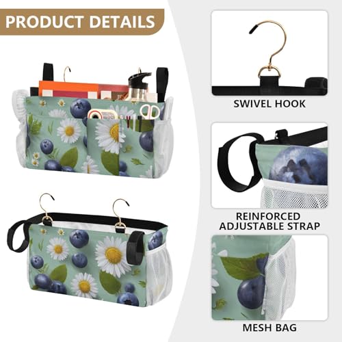 Bedside Caddy Metal Frame Hanging Organizer Bunk Bed Dorm Accessories Hook And Loop Storage Bag Large Pockets Blue Blueberries and Daisies - color: Blue Blueberries and Daisies