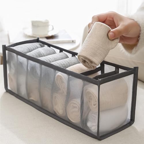 Underwear Storage Organizer, 7-Compartment Foldable Drawer Divider for Home, Closet, and Travel Use, Mesh Fabric Underwear Organizer Box (Grey) - color: 1 Grey
