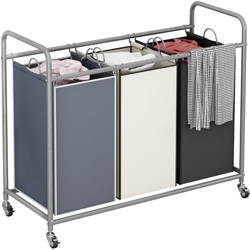 LINZINAR 3-Bag Laundry Basket Sorter Laundry Hamper Cart with Heavy Duty Rolling Lockable Wheels and Removable Bags (Assorted) - size: 3 Bags Assorted