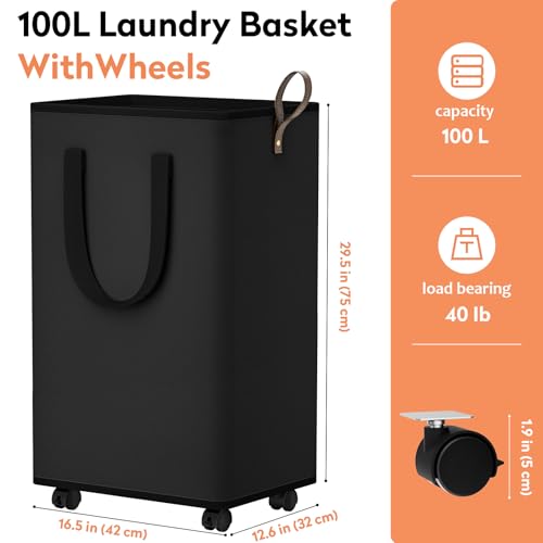 SpaceTrove Laundry Basket with Wheels, Collapsible Laundry Baskets, Laundry Hamper with Handles Detachable Wheels, Rolling Laundry Basket, Dirty Clothes Hamper for Bathroom, Dorm, Bedroom, Black, 100L - color: Black, size: 100L