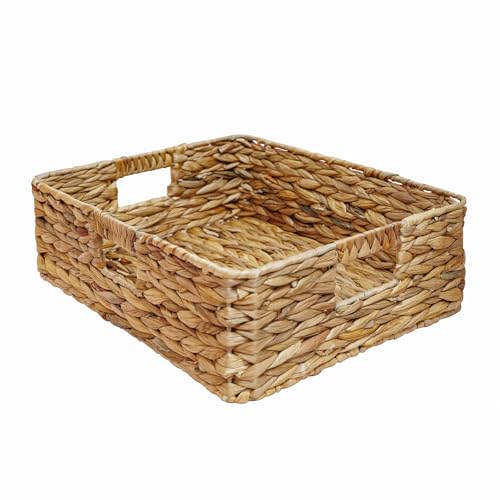 Rectangular Water Hyacinth Storage Baskets, Wicker Storage Baskets for Shelves, Square Shallow Basket, Woven Drawer Basket With Handle, 15.2” L x 12” W x 4.7” H - size: large - 15.2 in ×12 in × 4.7 in