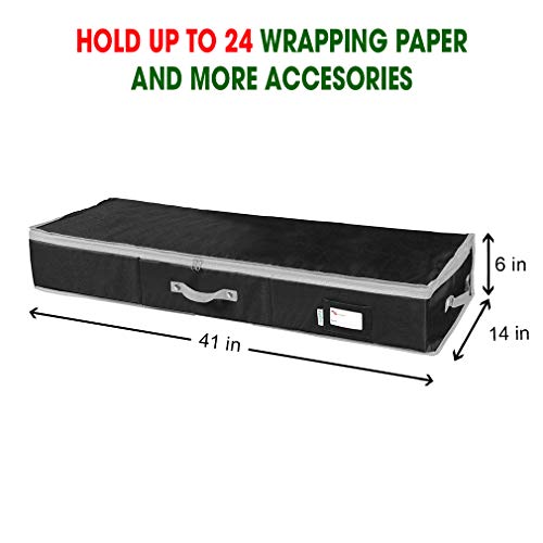 Primode Wrapping Paper Storage Container | Gift Wrap Organizer Under Bed | 41”x14”x6” | Box Holder for 18-24 Rolls Up to 40” | 600D Oxford Material | Pockets for Ribbon, Bows, and Accessories (Black) - color: Black