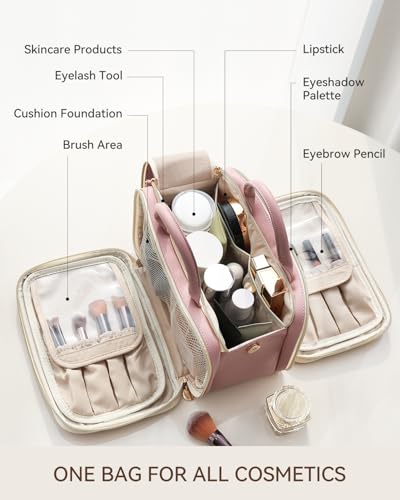 Prite Makeup Bag for Women, Large Capacity Waterproof Travel Cosmetic Organizer, Portable Open Flat Toiletry Bag with Free-standing Brush Holder and Handle(Pink Medium) - color: Pink, size: Medium