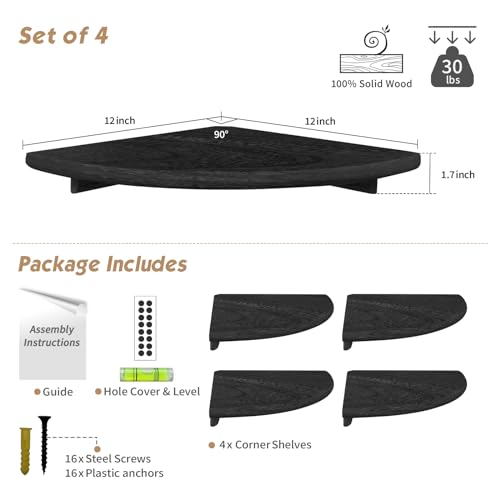 Forbena Black Floating Corner Bookshelf for Wall Set of 4, Large Corner Plant Shelves for Living Room, Rustic Rounded Hanging Bookshelves Wall Mounted for Bedroom Books, Kitchen, Closet, Office - color: 4. Black, size: 12" Depth