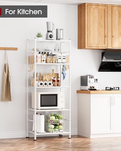 Sakugi Storage Shelves - 5-Tier Large Capacity Shelf Organizer with Hooks, Heavy-Duty Garage Shelving with Leveling Feet, Wobble-Free Rack for Bedroom, Balcony, Garage, 18.1"×12.4"×56.8", White - color: White, size: 18.1W×12.4D×56.8H(5T)