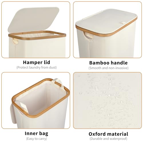 iEGrow 75L Slim Laundry Hamper, Narrow Laundry Basket with Lid,Foldable Clothes Hamper with Bamboo Handles,Hamper Basket with Removable Inner Bag for Laundry Room Bedroom College Dorm,19.8 Gals Pink - color: Pink, size: 75L