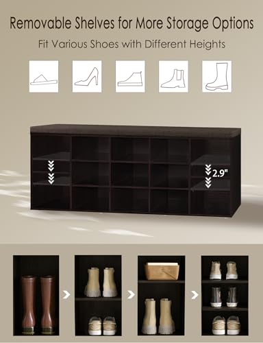 DINZI LVJ Shoe Storage Bench with Cushion, 13-Cubby Shoe Rack, Adjustable Shelves, Multifunctional Shoe Organizer Bench for Entryway, Mudroom, Hallway, Living Room, Bedroom and Garage, Espresso - color: Espresso, size: 13 Cubby