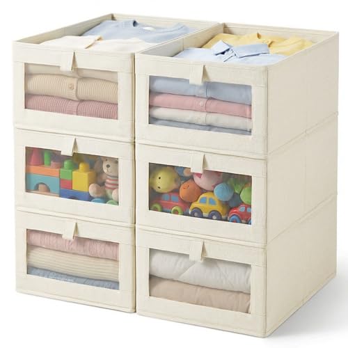 6 Pack Linen Closet Organizers and Storage, Foldable Closet Storage Bins with Clear Window, Fabric Closet Organizers for Shelves, Bedroom, Living Room - Organize Clothes, Jeans, Toys, Blankets