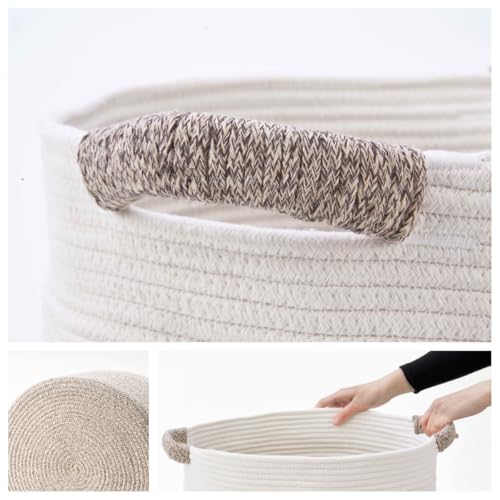 Blanket Basket - Woven Round Rope Storage Basket (16"Wx14"H) for Blankets & Throws, Small Laundry & Toy Organizer, Decorative Living Room & Bedroom Cotton Basket - White & Brown - color: White & Brown, size: Regular-16"Wx14"H