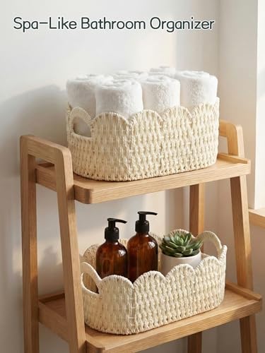 Coeusy Paper Rope Scalloped Basket Set of 2,Hand-woven Storage Baskets for Shelves,Nursery,Books,Toys,Cute Boho Decor Baskets for Organizing,White - color: White