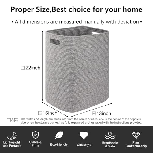 OIAHOMY Laundry Hamper, Laundry Basket，Rectangle Cotton Storage Basket with Handles, Large Blanket Basket for Living room, Woven Decorative Storage for Toys,Clothes,Pillows-16x13x22in-Grey variegated - color: Grey variegated