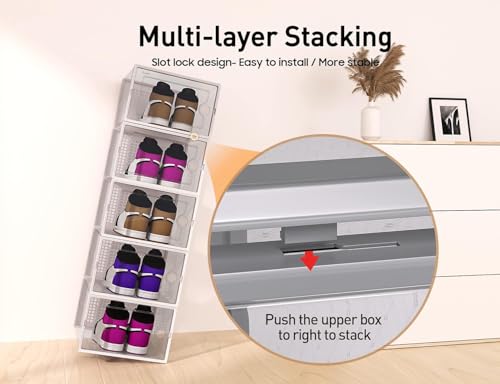 Kuject X-Large Shoe Storage Boxes Organizers Clear Plastic Stackable 12 Pack, Shoe Rack & Holder Substitute, Sneaker Containers, Toy Storage Organizer Bins for Entryway, Closet, Under Bed, Grey - color: Grey, size: X-Large