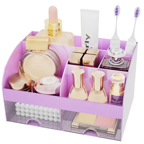 Makeup Organizer with 2 Drawers, Cosmetic Storage for Dresser Vanity and Bathroom Countertop,Make up organization and Skincare Storage with Beauty Brush Holder, Cosmetic Display Case (Purple) - color: Purple