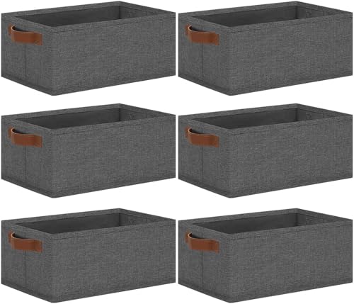 GhvyenntteS Small Fabric Storage Bins 6 Pack, 11.8" x 7.87" x 5.11" Storage Basket with Leather Handles, Closet Storage Bins for Shelves, Storage Baskets for Shelves, DVD Storage (Grey) - color: Gray, size: Small-11.8"x 7.87"x 5.11"-6pcs