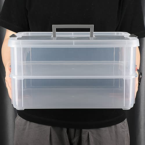 BTSKY 2 Layer Stack & Carry Box, Plastic Multipurpose Portable Storage Container Box Handled Organizer Storage Box for Organizing Stationery, Sewing, Art Craft, Jewelry and Beauty Supplies Dark Grey - color: Dark Grey