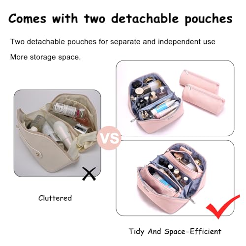 BOYATU Travel Makeup Bag for Women: Cosmetic Organizer Bag with Compartments - Leather Make up Bags Set of 3 (G-3-Pink) - color: G-3-Pink