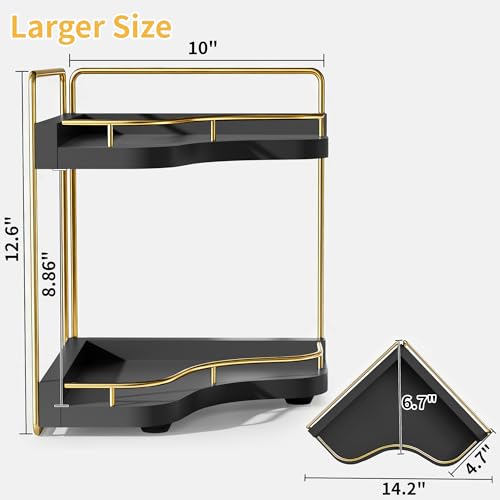 2-Tier Corner Bathroom Counter Organizer with Embedded Screw Holes, Secure & Stable Wood Vanity Shelf for Makeup and Skincare Essentials - Space Saving Bathroom Countertop Storage, Black Gold - color: Black Gold