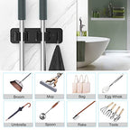homeasy Wall Mount Mop and Broom Holder, Heavy Duty Stainless Steel Organizer Rack with Hooks | 2-Pack, 2-in-1 No Drill & Screw Installation, Black - color: Black-2