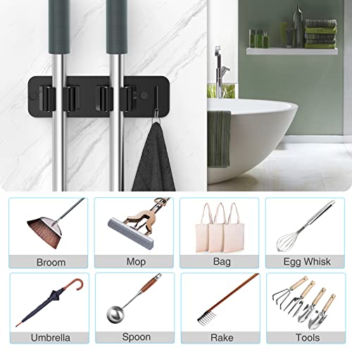 homeasy Wall Mount Mop and Broom Holder, Heavy Duty Stainless Steel Organizer Rack with Hooks | 4-Pack, 2-in-1 No Drill & Screw Installation, Black - color: Black-4