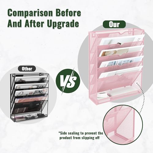 EASEPRES 6 Tier Mesh Hanging Wall File Organizer, Desk Vertical Mail Paper Document Folder Holder Rack with Bottom Tray and Nametag Label for Office Home School, Pink - color: Pink, size: 6 Tier