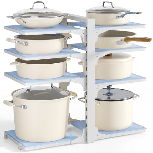 LAMU Pots and Pans Organizer under Cabinet, 8 Tier Heavy Duty Pan Organizers inside Cabinet, Adjustable Pot Rack for Small Kitchen Storage, 15" Height Holds Cast Iron Pans and Skillets White - color: White