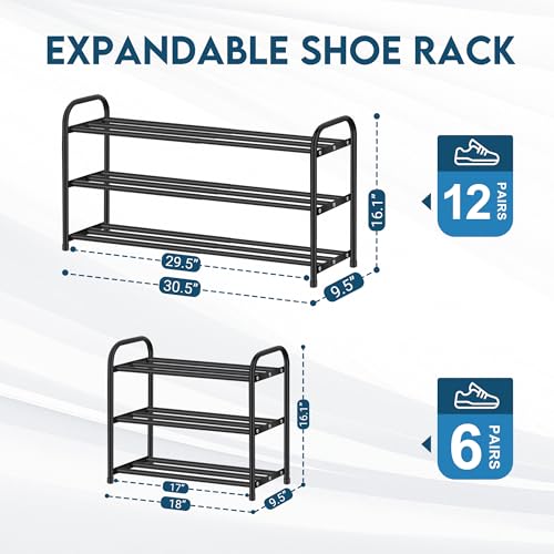 LOFTEY 3-Tier Expandable Shoe Rack, Adjustable Metal Shoe Organizer Shelf, Small Shoe Rack for Closet, Entryway, Front Door, 18"-30.5" Wide, Black