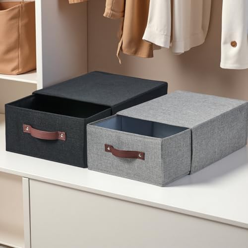 4PCS Closet Drawer Organizer Stackable Fabric Storage Boxes Bins Baskets with Lid PU Leather Handles Foldable Washable Cotton Linen Wardrobe Shelf Cloth Towels Container (Gray, Large) - color: Gray, size: Large ( Set of 4 )