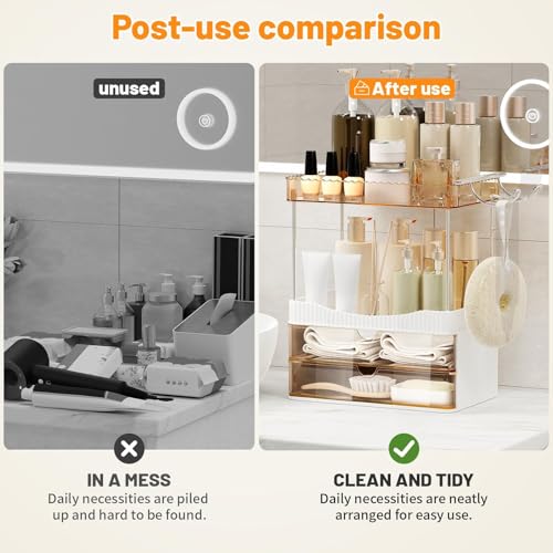 TasticTotes Bathroom Counter Organizer with Hairdryer Holder, 2-Tier 2-Drawer Shower Organizer for Skincare, Makeup Cosmetics, Large Capacity Vanity Organizer, Bathroom Decor, Valentine's Day(Amber)