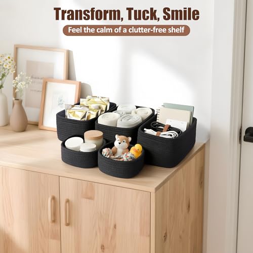 5-Pack Small Woven Rope Storage Baskets – 2 Sizes Organizer Bins for Closet, Shelf, Bookshelf, Nursery, Changing Table, Fabric Cube Boxes, Rectangular Shallow Bins for Bathroom, Toy & Home - color: Black