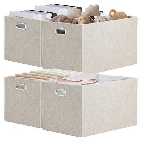 Posprica Closet Storage Bins, 4 Pack Large Closet Shelf Organizers, Linen Fabric Decorative Storage Baskets for Organizing, Foldable Storage Box for Clothes, Toy, 16.5x12x10.25 Inch (Beige) - color: Beige, size: 16.5Lx12Wx10.25H