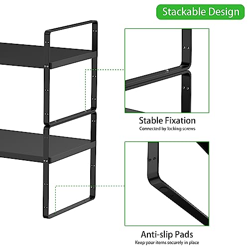 Expandable Cabinet Storage Shelf Stackable Organizer Rack for Kitchen Bathroom Pantry Spice Cupboard Countertop Home Office Desk Heavy Duty Nonslip Black Large 3 PACK - color: Smooth Black, size: Large - 10.2"D - 3 Pack