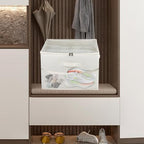 Fabric Shoe Bins with Side Mesh Pocket, Foldable Shoe Storage Organizer Box with Adjustable Dividers Clear Cover Handles Zippers, Stackable Storage Container Box for Closet, Max 16 Pairs, Beige