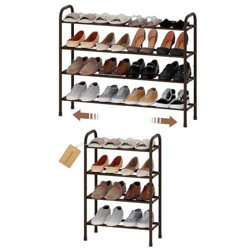 Expandable Shoe Rack, 4-Tier Metal Small Shoe Rack, Adjustable Shoes Organizer, Storage Shelf for Closet, Entryway, Brown - color: Brown, size: 4-Tier
